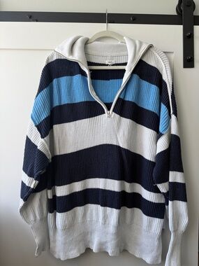 Aerie Striped Half-Zip Sweater - Navy, Light Blue & White